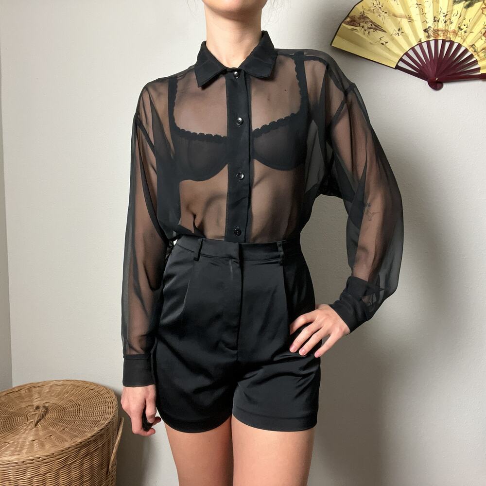 90s vintage black sheer minimalist collared button down shirt blouse top